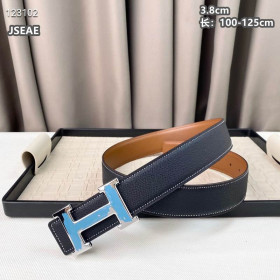 Hermes brushed buckle reversible belt leather strap 38 mm with blue and silver buckle in black and brown