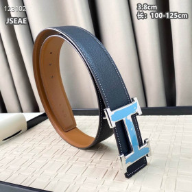 Hermes brushed buckle reversible belt leather strap 38 mm with blue and silver buckle in black and brown