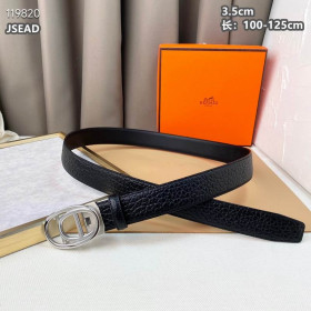 Hermes double oval buckle belt leather strap 35 mm with silver automatic buckle in black