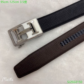 Hermes full grain leather belt leather strap 35 mm with silver square automatic buckle in black and brown