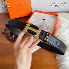 Hermes printed belt leather strap 35 mm with gold H automatic buckle in black outlet