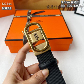 Hermes twill leather belt leather strap 35 mm with gold automatic buckle in black