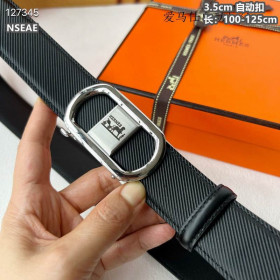 Hermes twill leather belt leather strap 35 mm with silver automatic buckle in black
