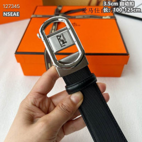 Hermes twill leather belt leather strap 35 mm with silver automatic buckle in black