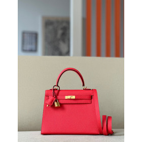 Hermes Kelly 28 Black Box Calf So PVD Hardware Red