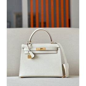 Hermes Kelly 25 Epsom Vert Amande (63) Gold Hardware White