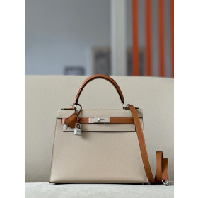 Hermes Kelly 25 Togo Gris Asphalte (M8) Palladium Hardware Beige