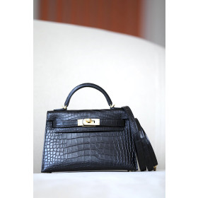 Hermes Kelly Mini Alligator Beton (8L) Palladium Hardware Black