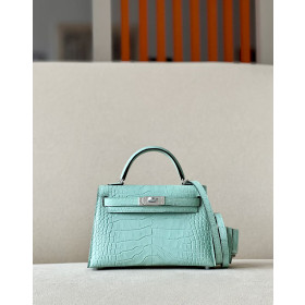 Hermes Kelly Mini Alligator Graphite (88) Palladium Hardware Mint Green
