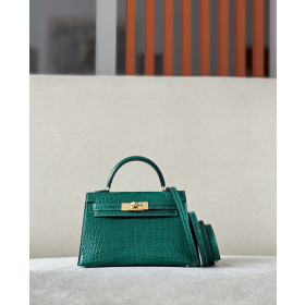 Hermes Kelly Mini Alligator Gris Tourterelle (81) Gold Hardware Dark Green