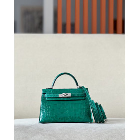 Hermes Kelly Mini Alligator Gris Tourterelle (81) Palladium Hardware Dark Green