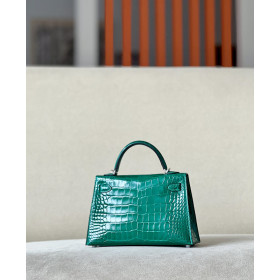 Hermes Kelly Mini Alligator Gris Tourterelle (81) Palladium Hardware Dark Green