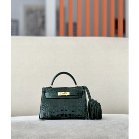 Hermes Kelly Mini Alligator Jaune Amber (9D) Gold Hardware Dark Green