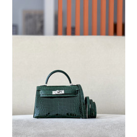 Hermes Kelly Mini Alligator Mauve Pale (09) Palladium Hardware Dark Green