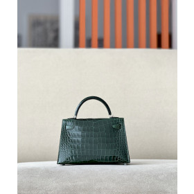 Hermes Kelly Mini Alligator Mauve Pale (09) Palladium Hardware Dark Green