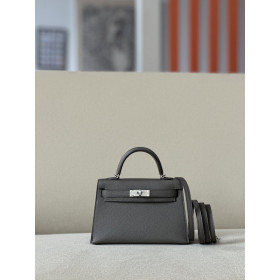 Hermes Kelly Mini Alligator Gris Ciment (OV) Palladium Hardware Dark Brown