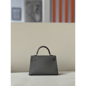 Hermes Kelly Mini Alligator Gris Ciment (OV) Palladium Hardware Dark Brown