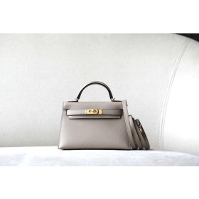 Hermes Kelly Mini Epsom Gris Asphalte (M8) Palladium Hardware Dark Beige