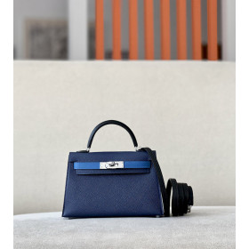 Hermes Kelly Mini Epsom Gris Meyer (0L) Palladium Hardware Dark Blue