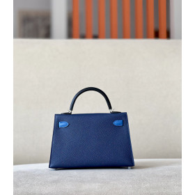 Hermes Kelly Mini Epsom Gris Meyer (0L) Palladium Hardware Dark Blue