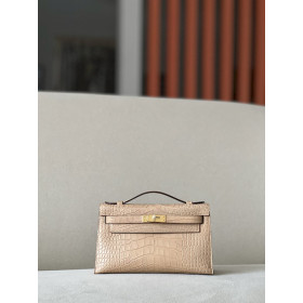 Hermes Kelly Mini HSS Ostrich Gris Agate(82) And Bleu Iris(77)Gold Hardware Dark Beige