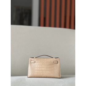 Hermes Kelly Mini HSS Ostrich Gris Agate(82) And Bleu Iris(77)Gold Hardware Dark Beige