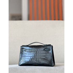 Hermes Kelly Pochette Alligator Beton (8L) Gold Hardware Dark Green