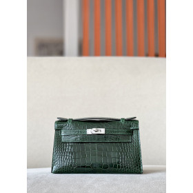 Hermes Kelly Pochette Alligator Bois De Rose (G5) Gold Hardware Dark Green