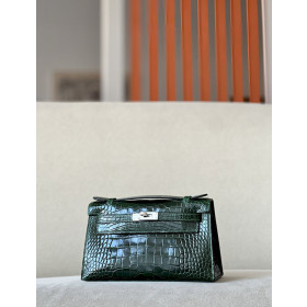 Hermes Kelly Pochette Alligator Bois De Rose (G5) Gold Hardware Dark Green
