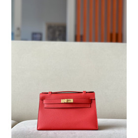 Hermes Kelly Pochette Swift Craie (10) Palladium Hardware Red