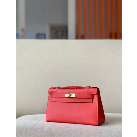 Hermes Kelly Pochette Swift Craie (10) Palladium Hardware Red