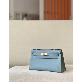 Hermes Kelly Pochette Epsom Rose Confetti (1Q) Palladium Hardware Blue