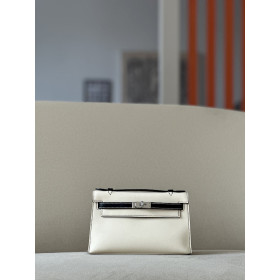 Hermes Kelly Pochette Alligator Ficelle (17) Palladium Hardware White