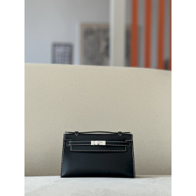Hermes Kelly Pochette Alligator Graphite (88) Palladium Hardware Black