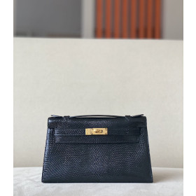 Hermes Kelly Pochette Alligator Nior (89) Palladium Hardware Black