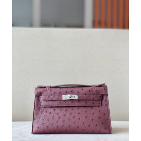 Hermes Kelly Pochette Ostrich Rose Sakura (3Q) Palladium Hardware Burgundy Red