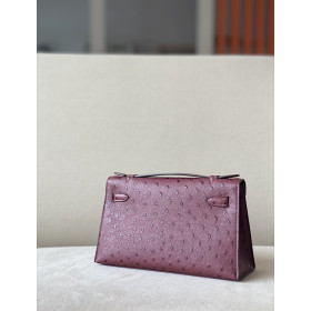 Hermes Kelly Pochette Ostrich Rose Sakura (3Q) Palladium Hardware Burgundy Red