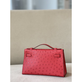 Hermes Kelly Pochette Ostrich Vert Vertigo (U4) Gold Hardware Red