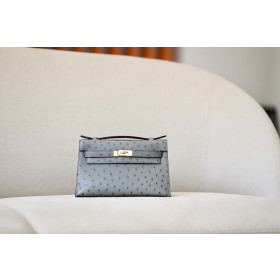 Hermes Kelly HSS 25 Ostrich Gris Agate(82) and Bleu Irisn(77) Gold Hardware Grey