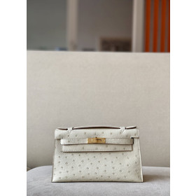 Hermes Kelly Pochette Ostrich Bleu Hydra (T7) Gold Hardware White