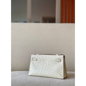 Hermes Kelly Pochette Ostrich Bleu Hydra (T7) Gold Hardware White