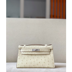 Hermes Kelly Pochette Ostrich Bleu Lin (J7) Gold Hardware White