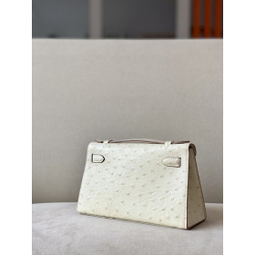Hermes Kelly Pochette Ostrich Bleu Lin (J7) Gold Hardware White