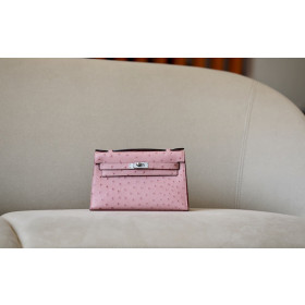 Hermes Kelly HSS 25 Ostrich Gris Agate(82) and Rose Tyrien(E5) Rose Gold Hardware Light Pink
