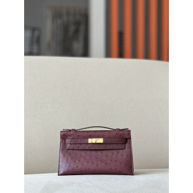 Hermes Kelly Pochette Ostrich Paradise (2T) Gold Hardware Burgundy Red