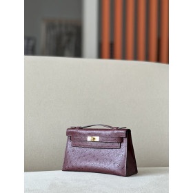 Hermes Kelly Pochette Ostrich Paradise (2T) Gold Hardware Burgundy Red