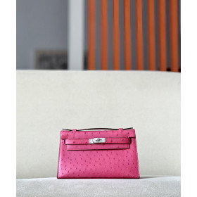 Hermes Kelly Pochette Ostrich Bourgogne (F5) Palladium Hardware Rose Pink