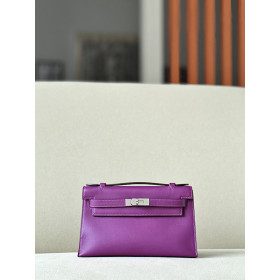 Hermes Kelly Pochette Swift bambou (1K) Palladium Hardware Purple
