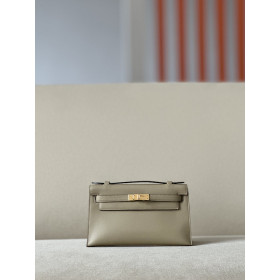 Hermes Kelly Pochette Ostrich Braise (95) Palladium Hardware Dark Beige