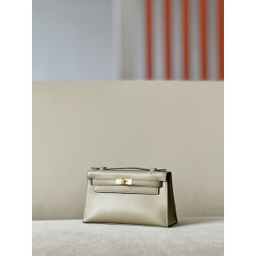 Hermes Kelly Pochette Ostrich Braise (95) Palladium Hardware Dark Beige
